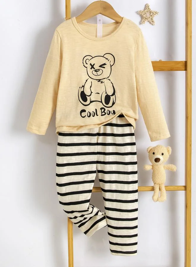 Take Two Boys Beige Cotton Bear T-Shirt and Pyjama Set