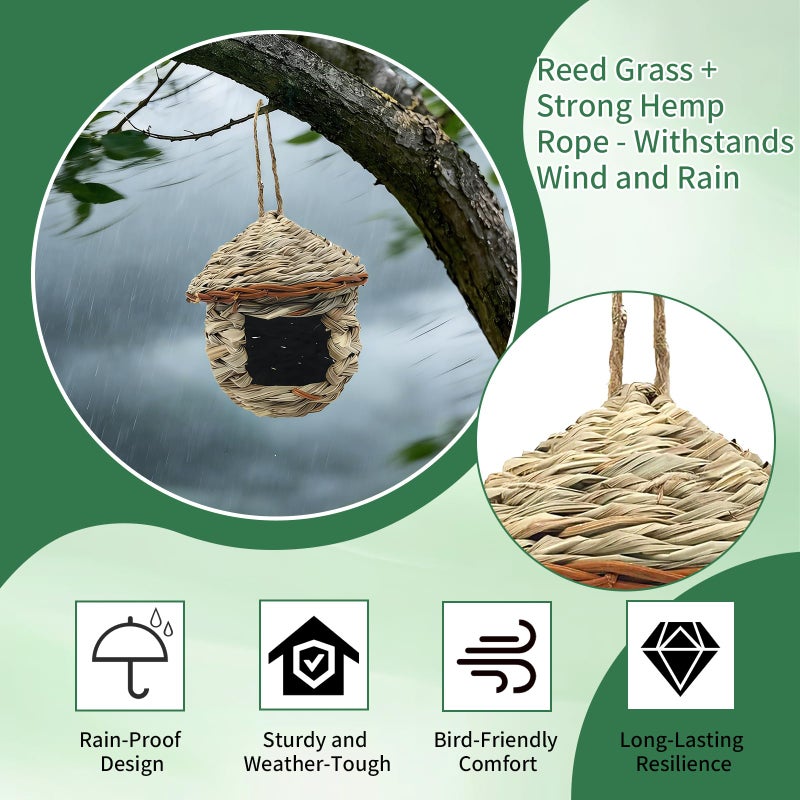 Gute Hummingbird House, Grass Hand Woven Birdhouses for Outdoors Hanging, Natural Bird Hut for Outside, Bird Houses for Audubon Finch Canary Chickadee - Set of 2 - Image 5