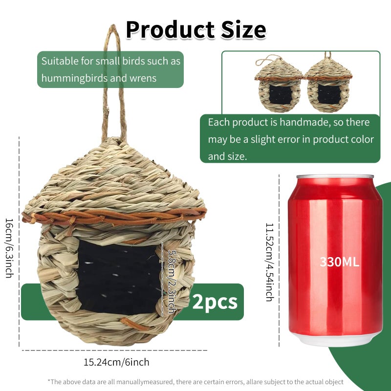 Gute Hummingbird House, Grass Hand Woven Birdhouses for Outdoors Hanging, Natural Bird Hut for Outside, Bird Houses for Audubon Finch Canary Chickadee - Set of 2 - Image 2