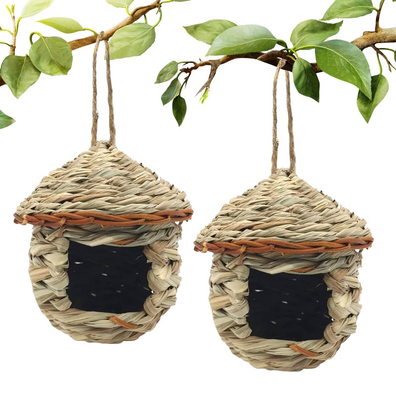 Gute Hummingbird House, Grass Hand Woven Birdhouses for Outdoors Hanging, Natural Bird Hut for Outside, Bird Houses for Audubon Finch Canary Chickadee - Set of 2 - Image 1