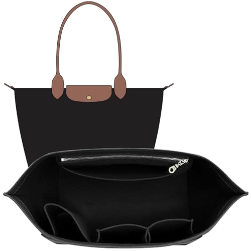 OAikor Felt Longchamp Bag Organizer Insert Compatible with Long Champ Le Pliage L Tote Bag & M Handbags, Zipper Purse Organizer Insert with Cup Holder, 8 Compartments, Custom Divider (Black,L) - Image 1