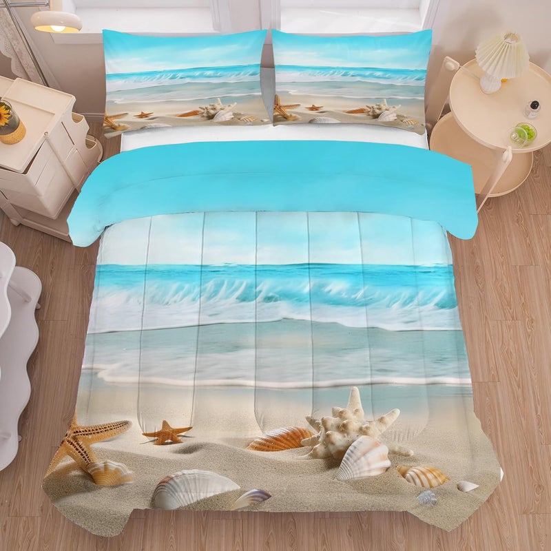 FUYEUN Beach Comforter Set Queen, Ocean Hawaiian Starfish Bedding for Boys Girls Women Teen Bedroom, Coastal Nature Theme Pattern Qulit Sets, 1 Comforter, 2 Pillowcases, Blue Home Decor - Image 1