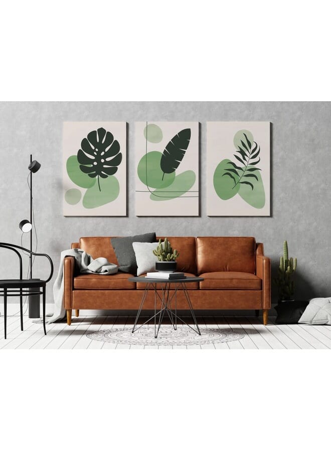 هوم جاليري مجموعة من ثلاث قطع فنية جدارية على شكل أوراق نباتية خضراء ملونة . - Image 3
