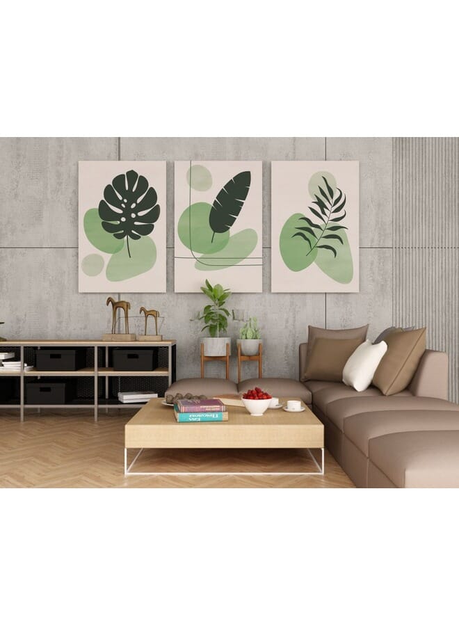 هوم جاليري مجموعة من ثلاث قطع فنية جدارية على شكل أوراق نباتية خضراء ملونة . - Image 4