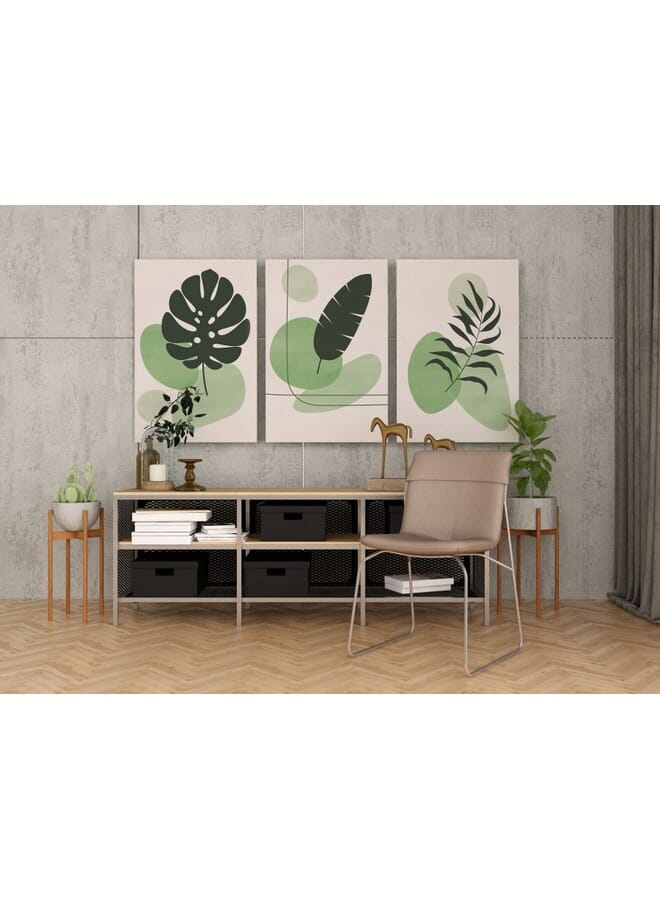 هوم جاليري مجموعة من ثلاث قطع فنية جدارية على شكل أوراق نباتية خضراء ملونة . - Image 5