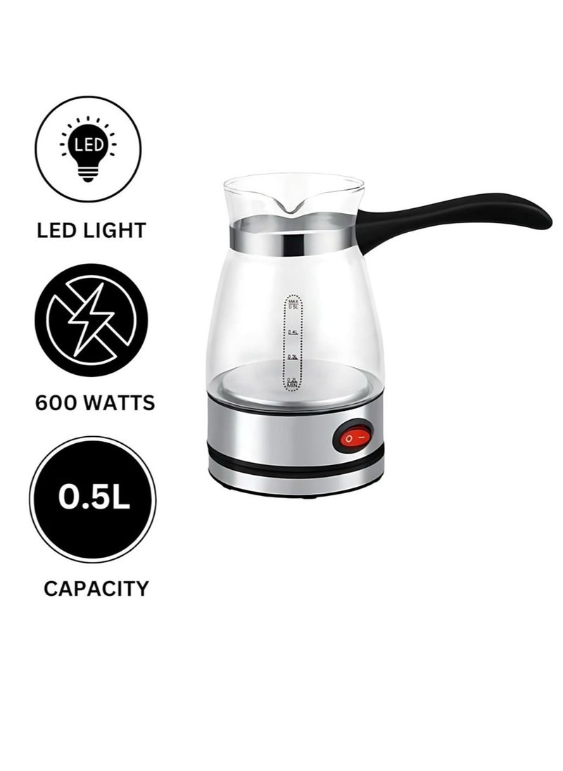 Dinex Electric Turkish Coffee Maker, 0.5L Capacity, High-Quality Glass and Stainless Steel Base | 360° Rotation | Auto Shut-Off | Coffee Kettle for Home and Office, 600W, Silver/Transparent  - Image 2