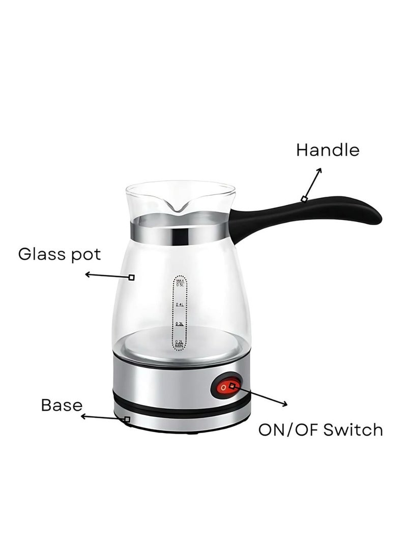 Dinex Electric Turkish Coffee Maker, 0.5L Capacity, High-Quality Glass and Stainless Steel Base | 360° Rotation | Auto Shut-Off | Coffee Kettle for Home and Office, 600W, Silver/Transparent  - Image 3