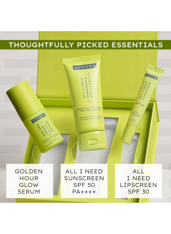 هايفن مجموعة هدايا هايفن ديلي جلو إسينشالز للنساء والرجال مع روتين كامل للعناية بالبشرة | هدية مثالية لعيد هولي، يوم المرأة، ذكرى الزواج، وأعياد الميلاد، تتضمن سيروم للوجه، واقي شمس مرطب، ومرطب شفاه لإشراقة يومية. واقي شفاه أول آي نيد بعامل حماية من الشمس 30 (10 غرام) + سيروم جولدن آور جلو (30 مل) + واقي شمس أول آي نيد بعامل حماية من الشمس 50 PA++++ (50 مل) - Image 2