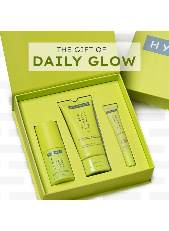 هايفن مجموعة هدايا هايفن ديلي جلو إسينشالز للنساء والرجال مع روتين كامل للعناية بالبشرة | هدية مثالية لعيد هولي، يوم المرأة، ذكرى الزواج، وأعياد الميلاد، تتضمن سيروم للوجه، واقي شمس مرطب، ومرطب شفاه لإشراقة يومية. واقي شفاه أول آي نيد بعامل حماية من الشمس 30 (10 غرام) + سيروم جولدن آور جلو (30 مل) + واقي شمس أول آي نيد بعامل حماية من الشمس 50 PA++++ (50 مل) - Image 3
