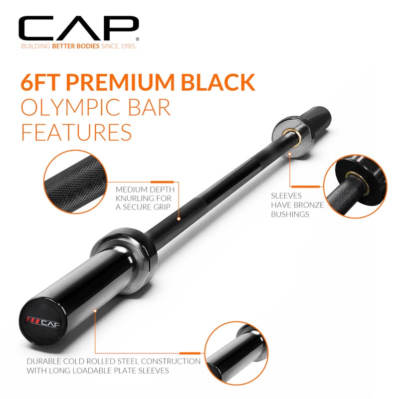 CAP Barbell باربل كاب 2" أولمبي صلب 6 قدم، محامل برونزية، أسود - Image 3