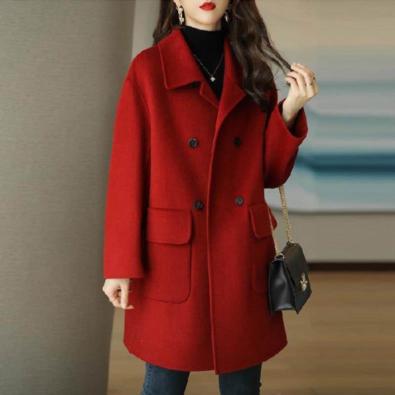 Womens Thickened Woolen Coat Autumn Winter Coffee Color Slimming Mid-Length Korean Style Fashionable Casual Outerwear Red 