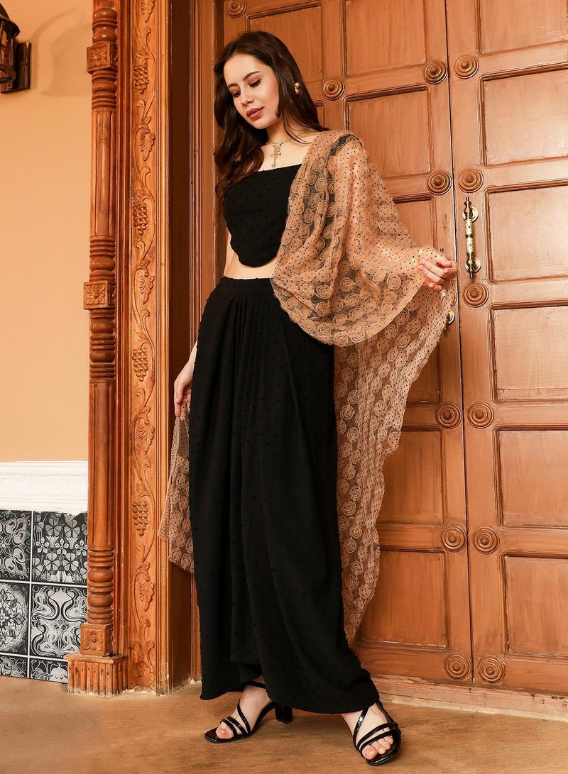 Qissa Women's Onyx Black Rosa-Textured Pre-Draped Saree For Ethnic Wear | Square Neck , Sleeveless , Asymmetrical Hem | Textured Fabric | 2 Piece Pre-Draped Saree Designed For Evening & Party Wear - Image 1