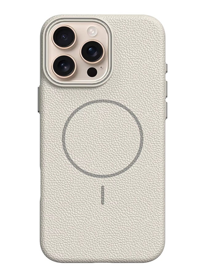 Magsafe Phone Case For iPhone 16 Pro With High Quality Rubber Frame And Slim Lychee Pattern Leather Case with Camera Lens Protection Shockproof Cover And support wireless Charging Leather Cover for iPhone 16 Pro - Beige - Image 3
