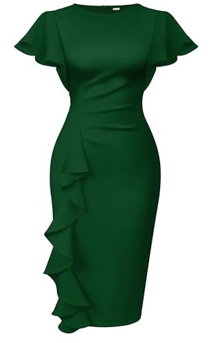 Memoriesea Women's Vintage Church Ruffle Sleeve Ruched Bodycon Work Midi Pencil Dress Green - Image 1