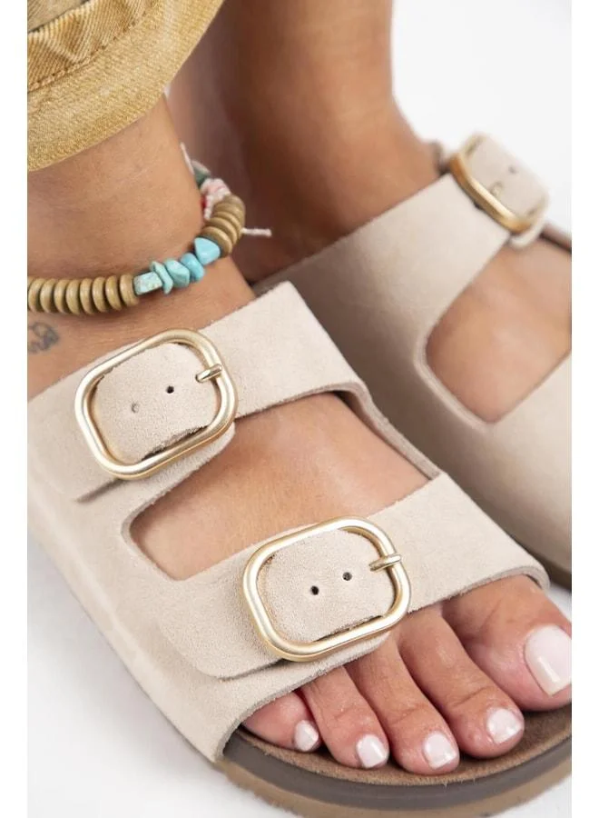 Manijero  Jazmin Women's Genuine Leather Double Buckle Beige Slipper for Women | Best Price UAE