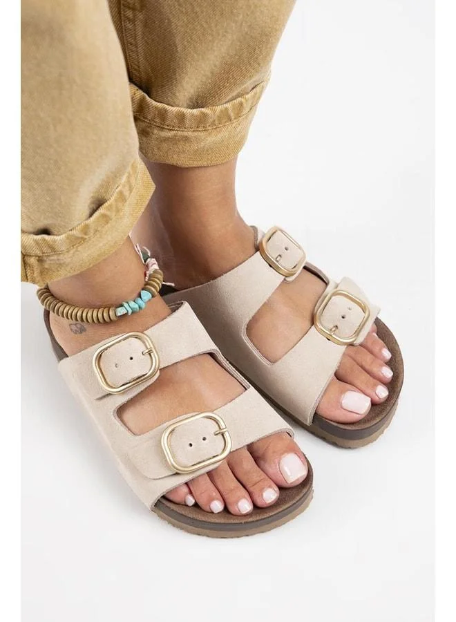 Manijero  Jazmin Women's Genuine Leather Double Buckle Beige Slipper for Women | Best Price UAE
