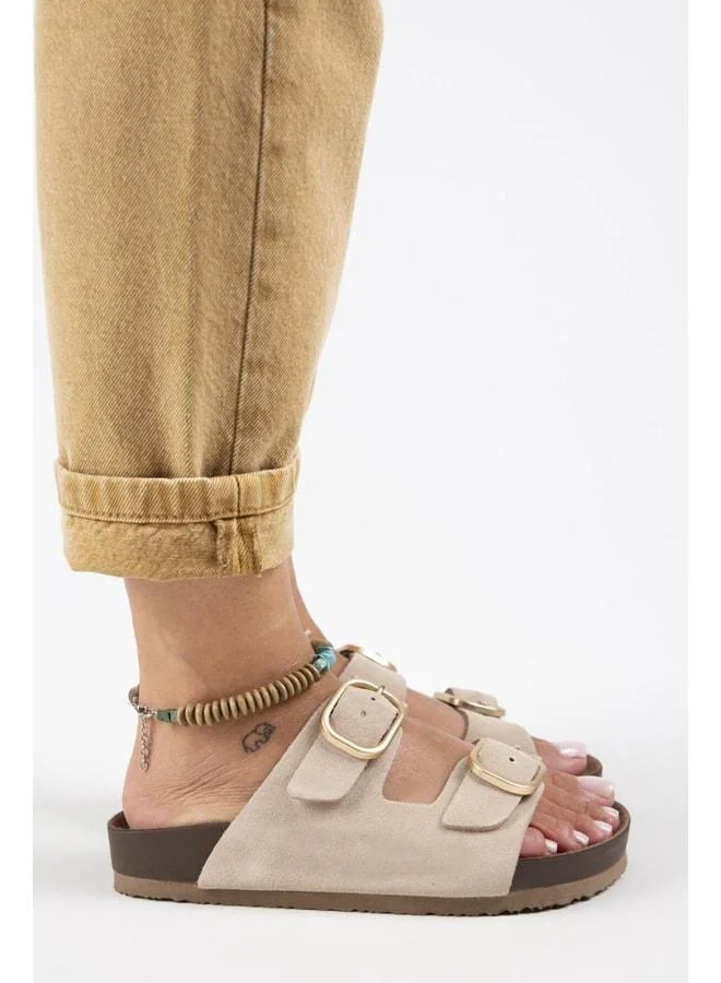 Jazmin Women's Genuine Leather Double Buckle Beige Slipper