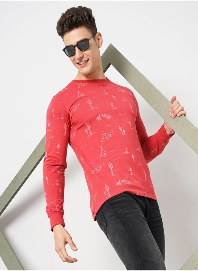 شركة المرآب الهندية Men Slim Fit Tribal Print Round Neck Tshirt