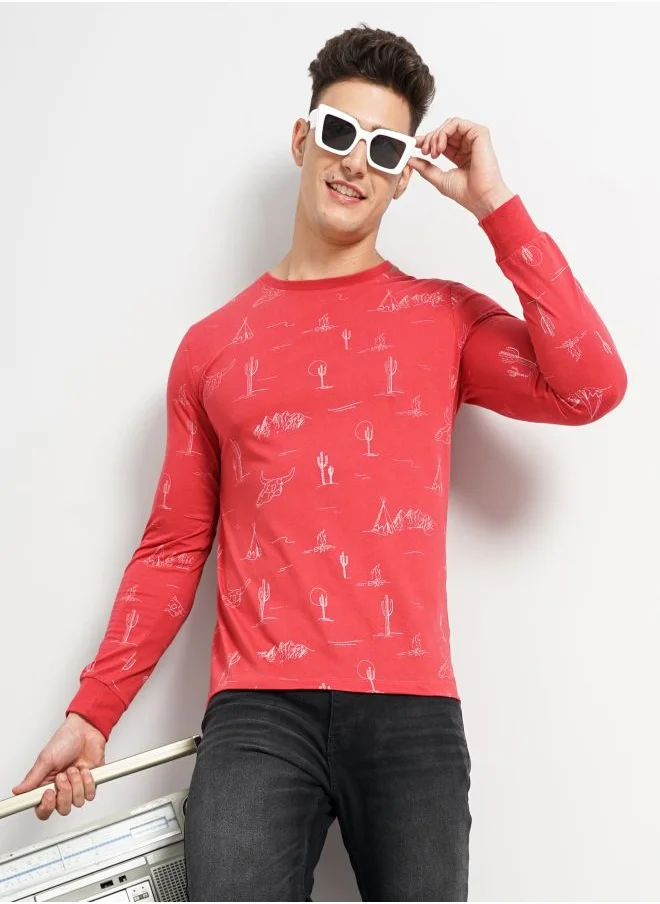 شركة المرآب الهندية Men Slim Fit Tribal Print Round Neck Tshirt
