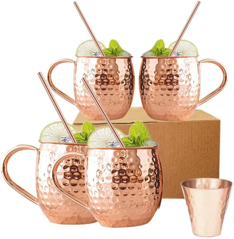 BOLD & DIVINE Moscow Mule Mugs - Set of 4-100% Pure Copper Mugs Large 16 oz - Food Safe - Premium Moscow Mule Cups Set of 4 | BONUS 4 Straws, 1 Shot Glass - Image 1