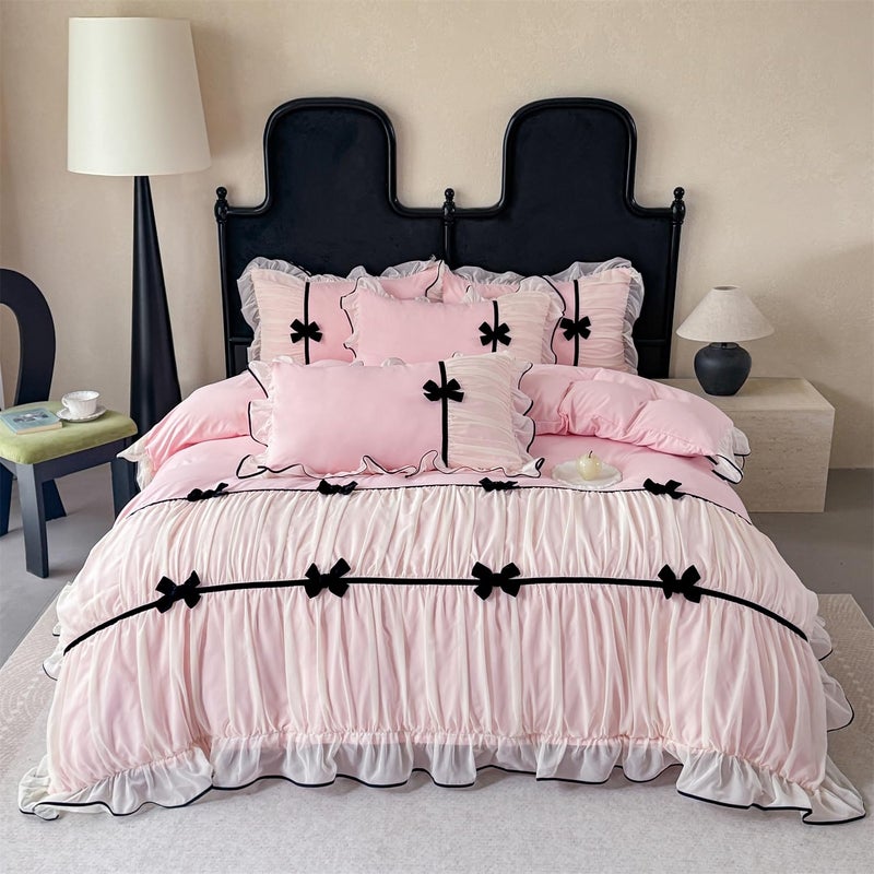 SOUKECHY Ruffle Beddding Set with Bowtie,Girls Lace Bedding,Pink Queen Comforter Cover Set, Chic Ruffled Duvet Cover with Lovely Bow,Princess Style 1 Duvet Cover with 2 Pillowcases, No Comforter - Image 1