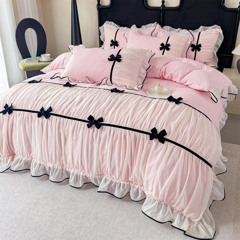 SOUKECHY Ruffle Beddding Set with Bowtie,Girls Lace Bedding,Pink Queen Comforter Cover Set, Chic Ruffled Duvet Cover with Lovely Bow,Princess Style 1 Duvet Cover with 2 Pillowcases, No Comforter - Image 5