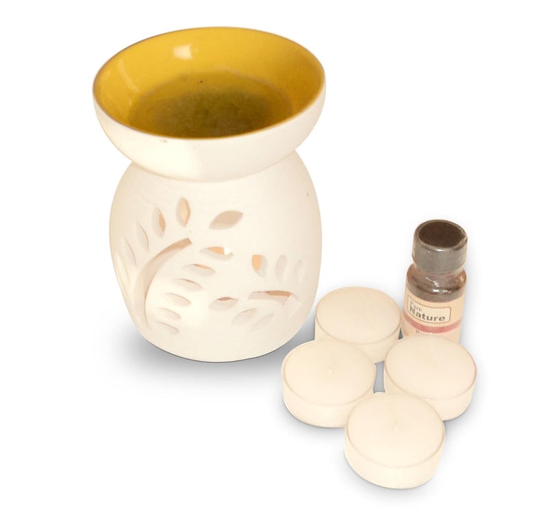 Pure Source India Pure Source India Ceramic Aroma with top Bowl Yellow Color Burner and 10 ML Lemon Grass Aroma Oil Plus 4 Tea Light Candle - Image 1