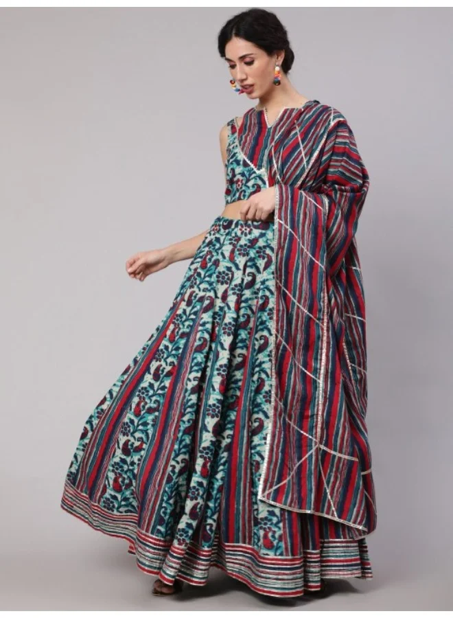 AKS Blue Floral Print Kalidar Lehenga Choli With Dupatta