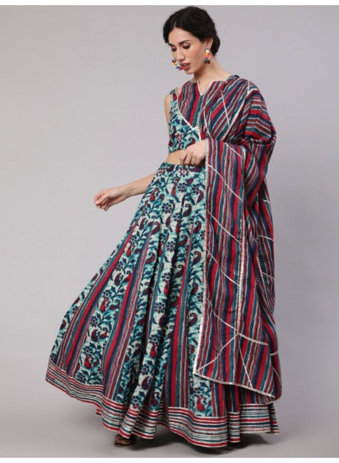 AKS Blue Floral Print Kalidar Lehenga Choli With Dupatta - Image 1