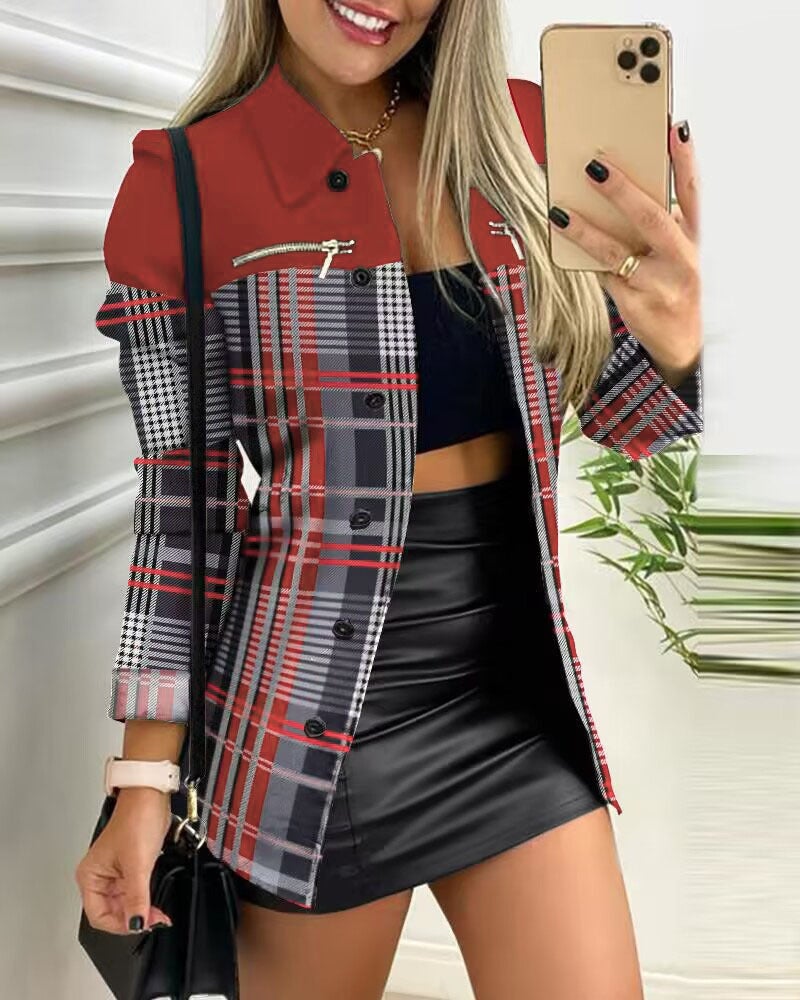 European and American New Amazon Zipper Long-sleeved Single-breasted Fashion Slim-fit Printed Lapel Small Coat for Women khaki maze  - Image 2