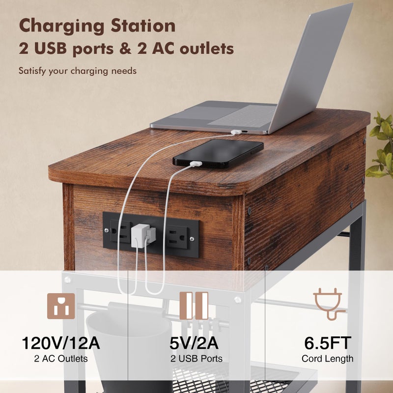Colima Lift Top End Table with Charging Station and Wheels, Sofa Side Table with USB Port & AC Outlets, Movable Bedside Nightstand with Side Bag for Office Living Room Bedroom(Rustic Wood) - Image 4