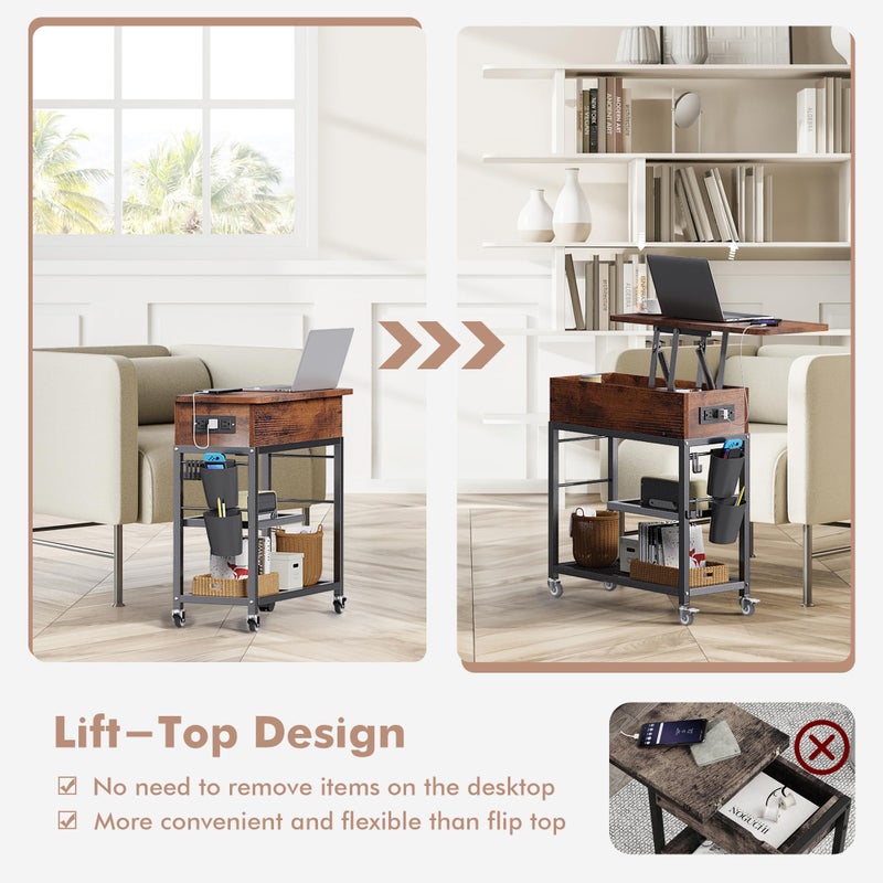 Colima Lift Top End Table with Charging Station and Wheels, Sofa Side Table with USB Port & AC Outlets, Movable Bedside Nightstand with Side Bag for Office Living Room Bedroom(Rustic Wood) - Image 5