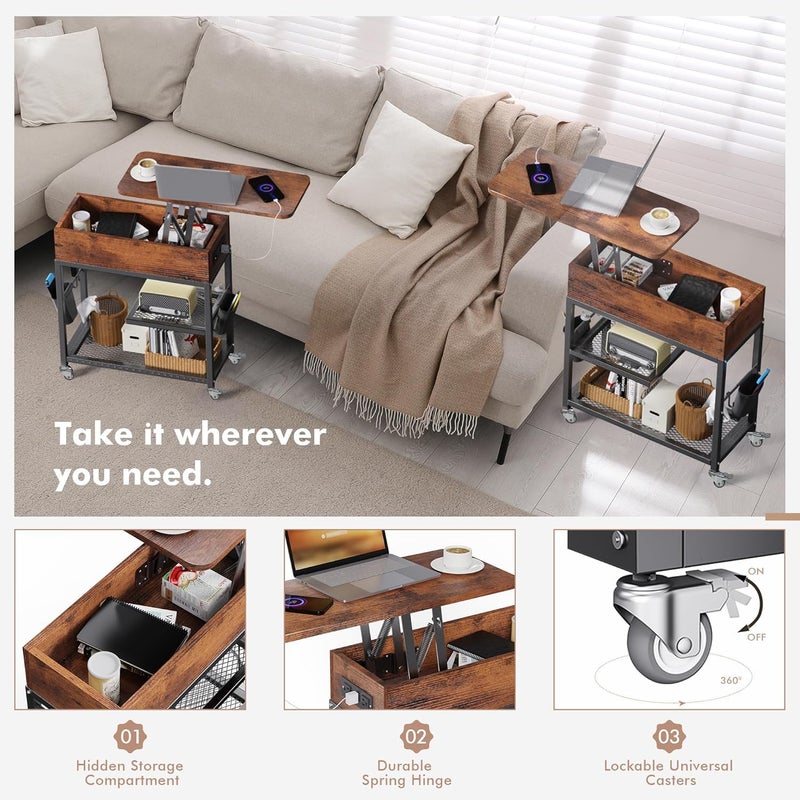 Colima Lift Top End Table with Charging Station and Wheels, Sofa Side Table with USB Port & AC Outlets, Movable Bedside Nightstand with Side Bag for Office Living Room Bedroom(Rustic Wood) - Image 3