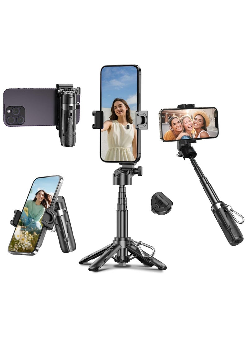 Mini Selfie Stick Tripod with Detachable Remote, 3 in 1 Portable Phone Handle Grip with 2 Cold Shoes, Pocket Size Phone Tripod for Vlog Livestreaming Photography(Black)  - Image 1