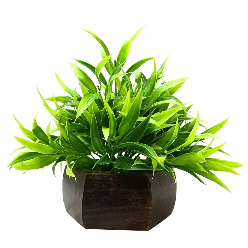 fancymart Artificial Bamboo Leaves Plant in Wood Hexagon Pot 20cm Height Home Office Decor Elegant Potted Plant for Tabletop Enhancement