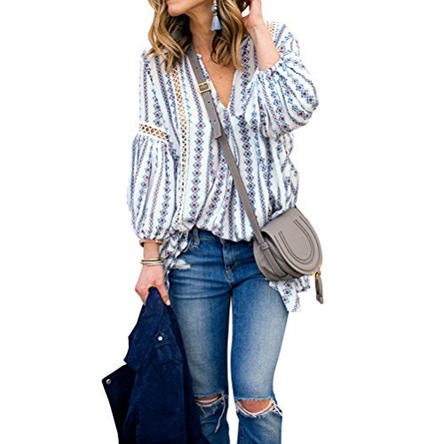 ZXZY Women Long Sleeve V Neck Hollow Out Floral Print Shirt Tops Long Blouse Tee, Medium, Blue - Image 3