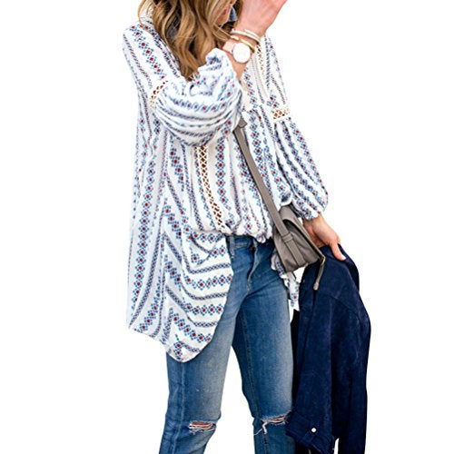 ZXZY Women Long Sleeve V Neck Hollow Out Floral Print Shirt Tops Long Blouse Tee, Medium, Blue - Image 2