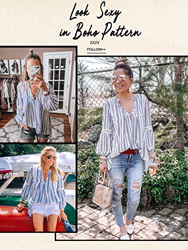 ZXZY Women Long Sleeve V Neck Hollow Out Floral Print Shirt Tops Long Blouse Tee, Medium, Blue - Image 5
