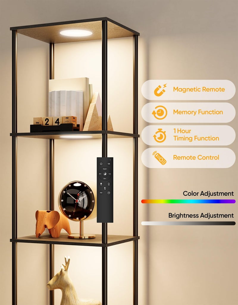 PARTPHONER Display Shelf with RGBW Light, Color Changing Curio Cabinet Floor Lamp with Shelves Corner Standing Column Lamp Etagere Organizer Tower Nightstand Bookcase for Living Room Bedroom Office DÃ©cor Black - Image 2