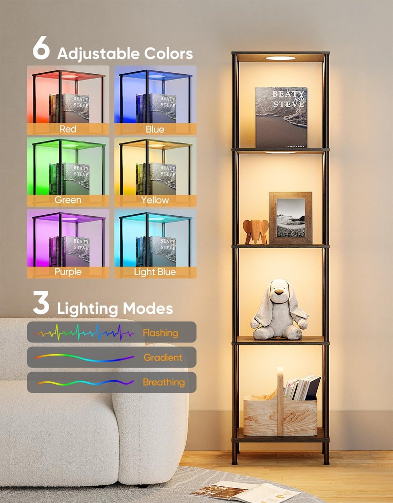 PARTPHONER Display Shelf with RGBW Light, Color Changing Curio Cabinet Floor Lamp with Shelves Corner Standing Column Lamp Etagere Organizer Tower Nightstand Bookcase for Living Room Bedroom Office DÃ©cor Black - Image 4