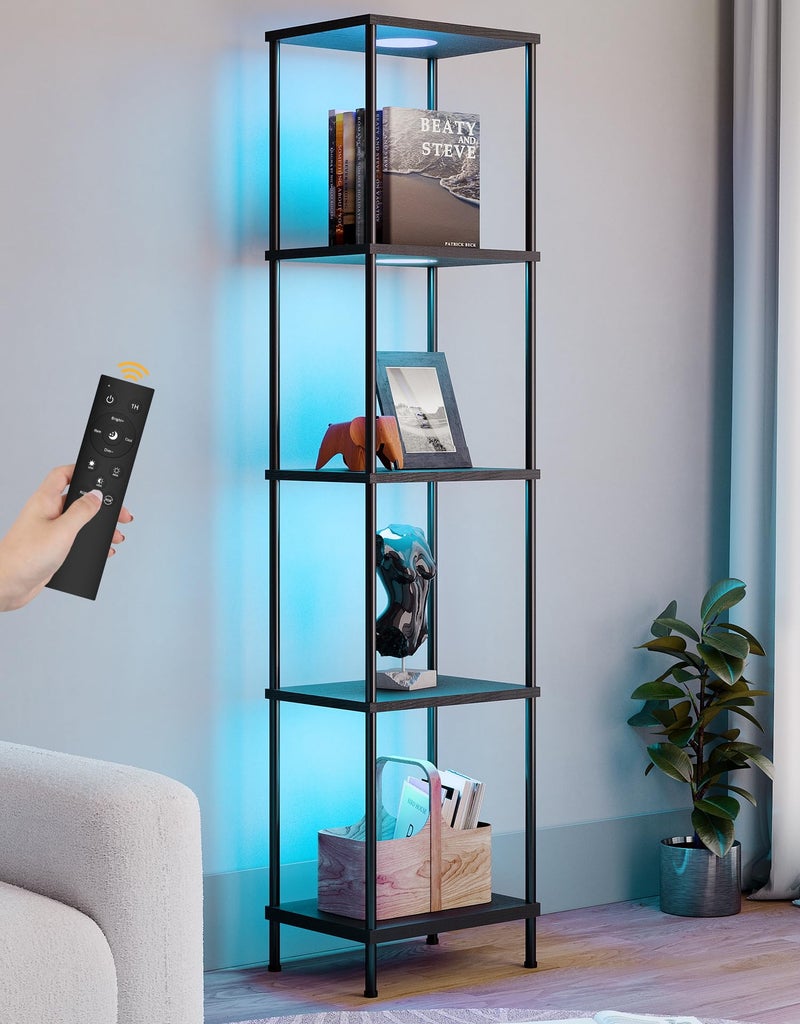 PARTPHONER Display Shelf with RGBW Light, Color Changing Curio Cabinet Floor Lamp with Shelves Corner Standing Column Lamp Etagere Organizer Tower Nightstand Bookcase for Living Room Bedroom Office DÃ©cor Black - Image 1