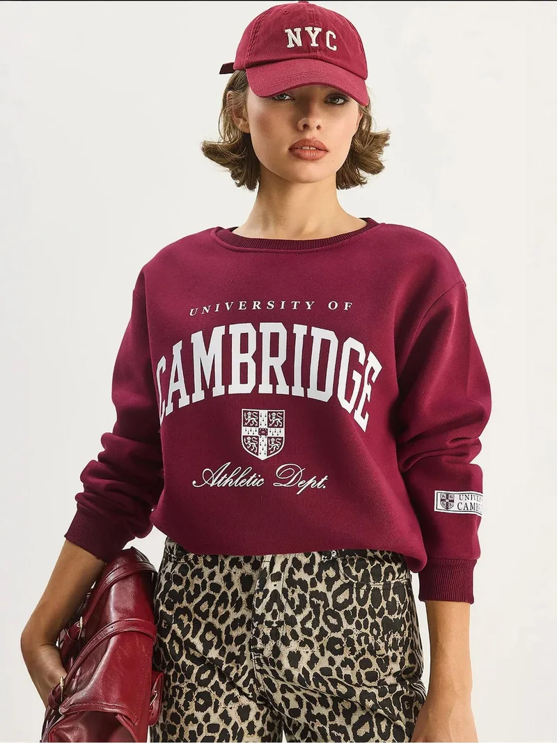 Bianco Lucci LUCCI Printed Ribbed Crew Neck Sweatshirt