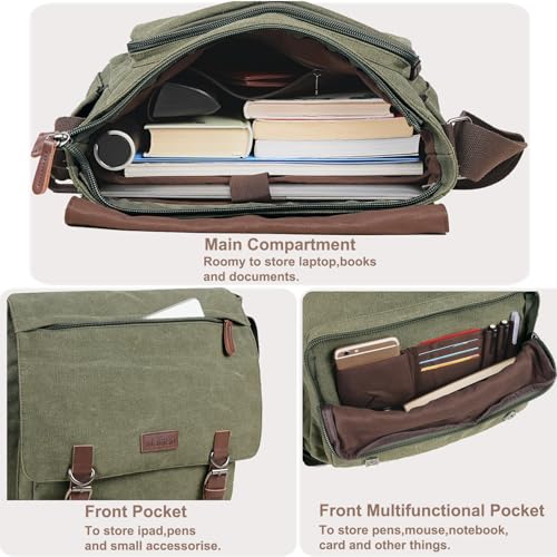 Mactso Canvas Messenger Bag for Men Women,Travel Satchel Shoulder bag 15.6 Inch Laptop Bags Business(Green-Upgrade) - Image 3