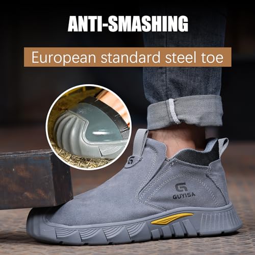 GLANOUDUN Welding Work Boots for Men - Grey Mid-Cut Slip on Steel Toe Shoes - Indestructible Steel Toe Boot for Welder Protective - ASTM Certified Safety Footwear for Construction & Industrial Use - Image 3