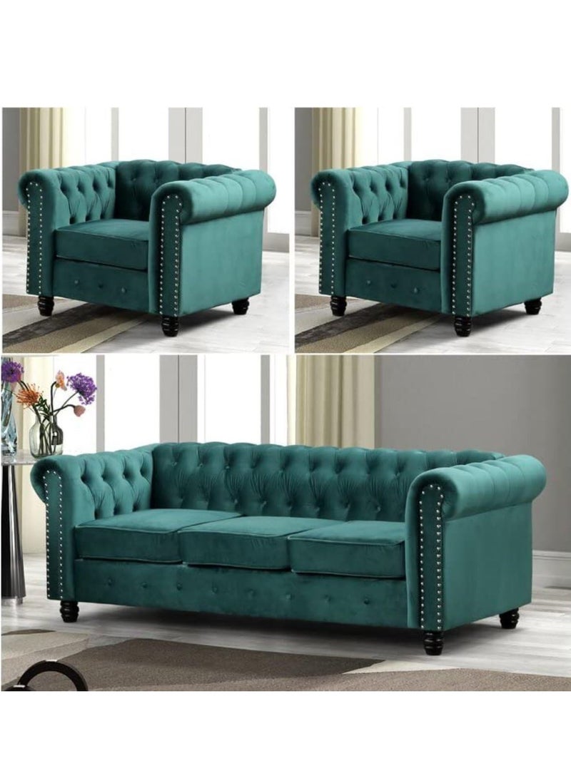 Maharat Al Bahar MAB Furnishings - 5-Seat Chesterfield Tufted Jewel-Toned Velvet Sofa with Scroll Arms, Green - Image 1