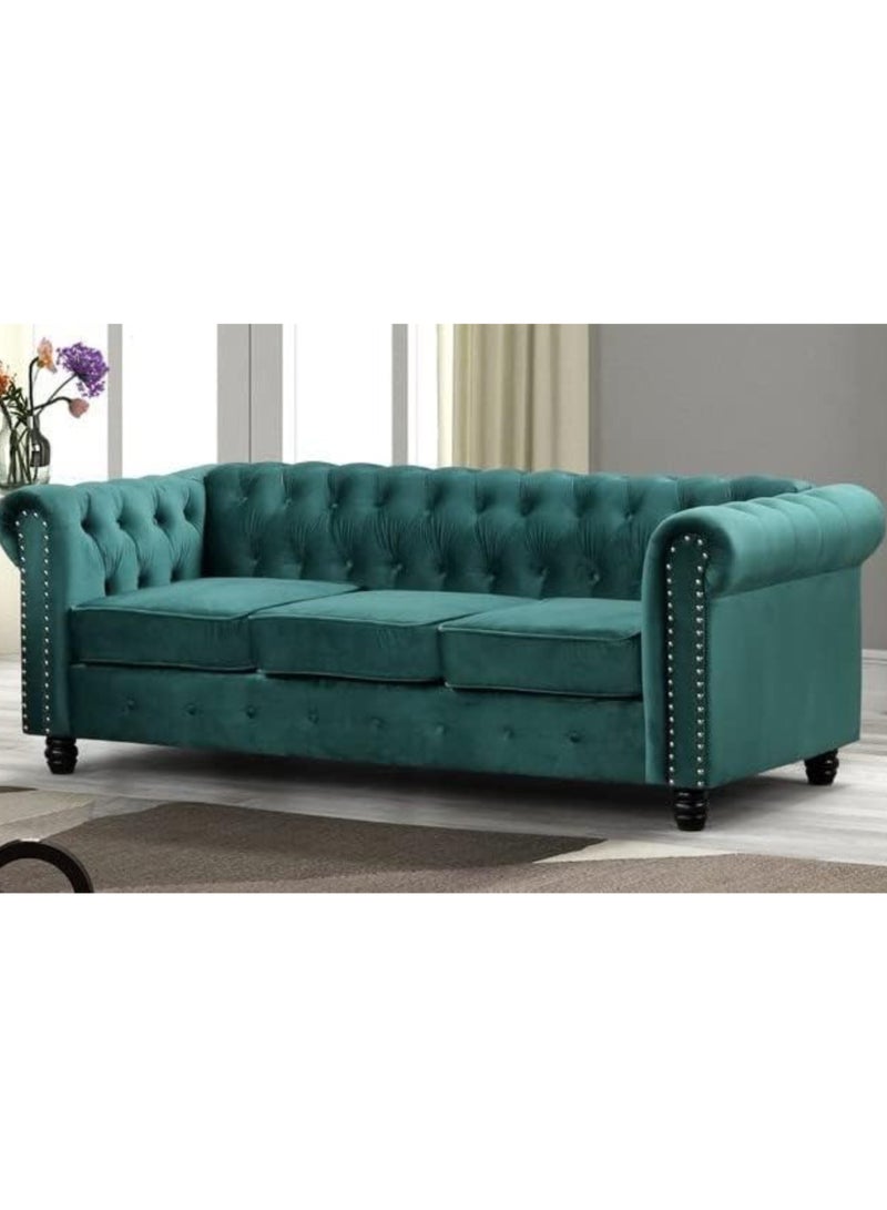 Maharat Al Bahar MAB Furnishings - 5-Seat Chesterfield Tufted Jewel-Toned Velvet Sofa with Scroll Arms, Green - Image 2