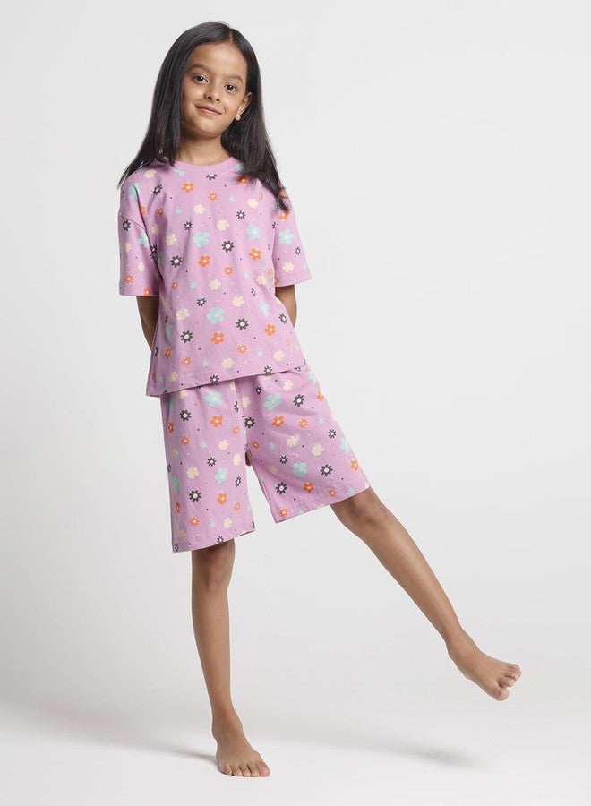 T2F Girls Cotton Printed Oversized Fit T-Shirt and Shorts Clothing Set (Pack of 3) - Image 2