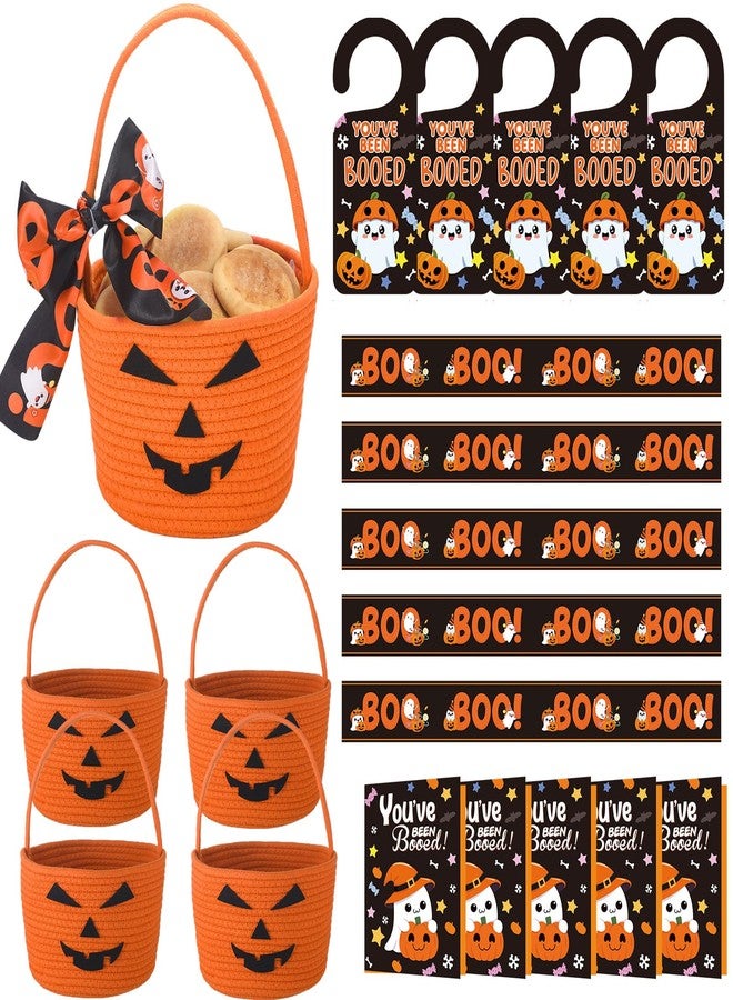 Leinuosen 5 Sets Halloween You've Been Booed Kit 5 Pumpkin Candy Buckets 5 Ghost Doorknob Hangers 5 Boo Cards, Envelopes, Ribbons We've Been Booed Spooky Ghost Gift for Neighbors Friends Coworkers - Image 1