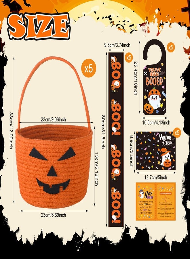 Leinuosen 5 Sets Halloween You've Been Booed Kit 5 Pumpkin Candy Buckets 5 Ghost Doorknob Hangers 5 Boo Cards, Envelopes, Ribbons We've Been Booed Spooky Ghost Gift for Neighbors Friends Coworkers - Image 4
