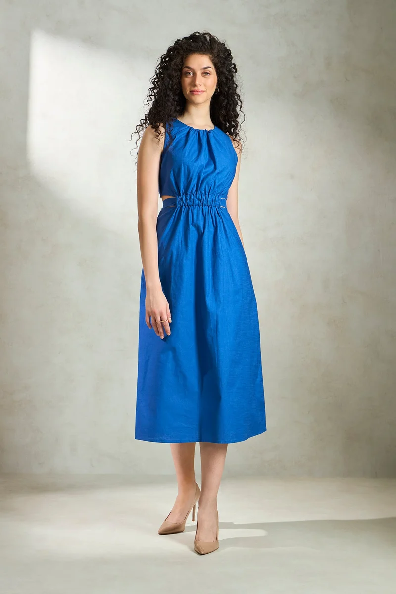 فيرجيو Solid Cotton Gathered Waist A-Line Midi Dress for Women